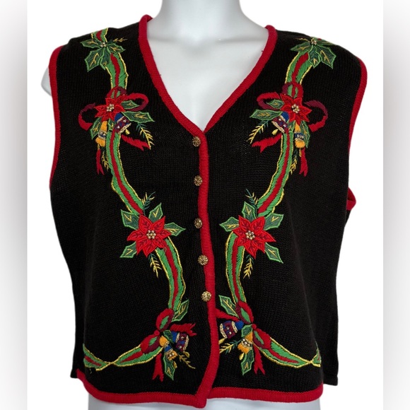 Kathie Lee Collection Black and Red V-Neck Sweater Vest - Picture 1 of 8